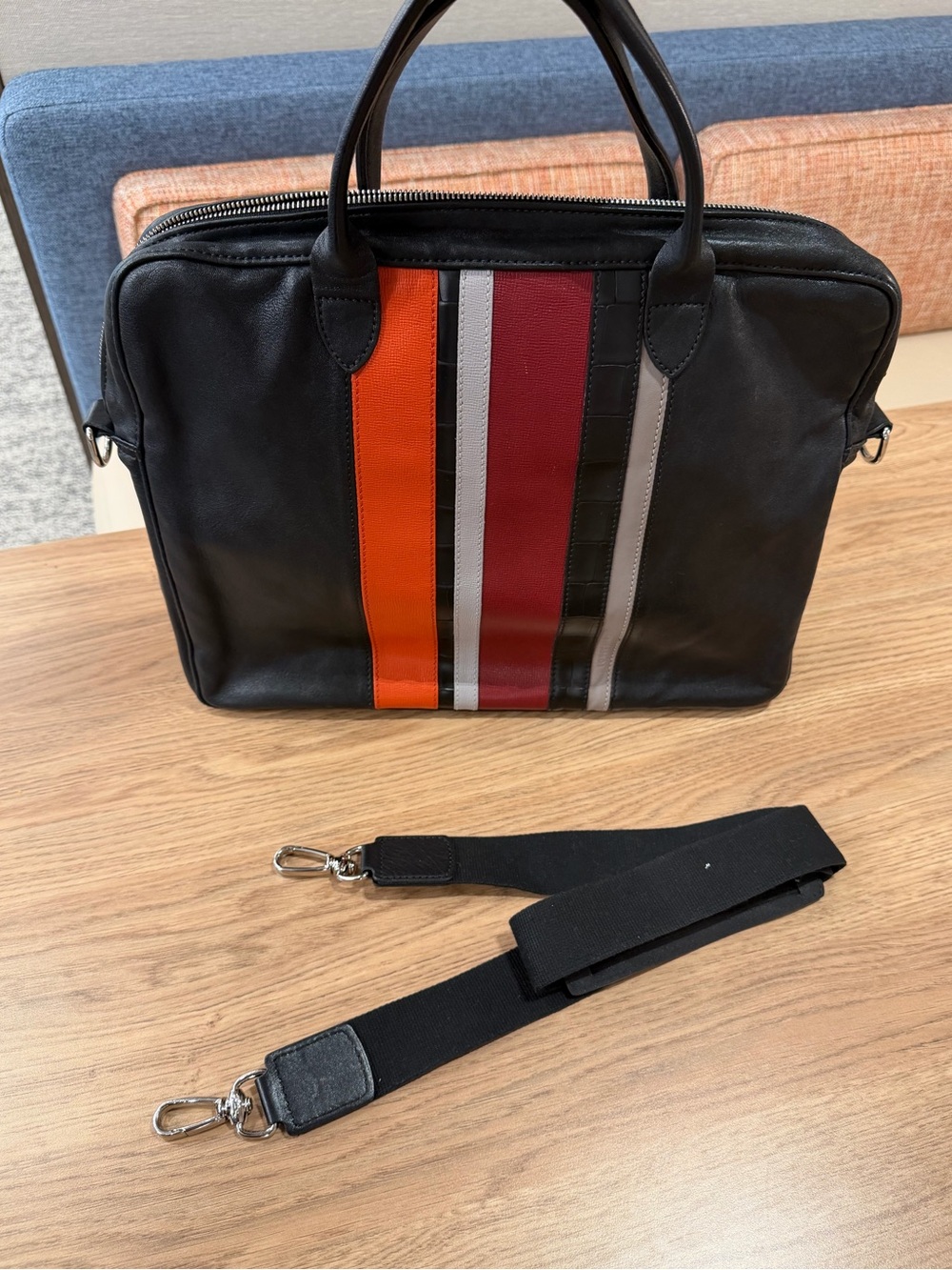 Longchamp Black Leather Laptop Bag with Orange, Red and Gray Stripes